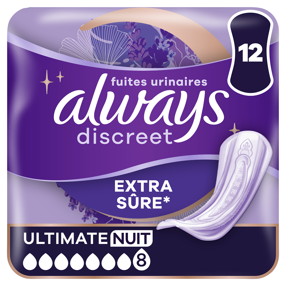 Serviettes fuites urinaires ALWAYS DISCREET Ultimate Nuit x12