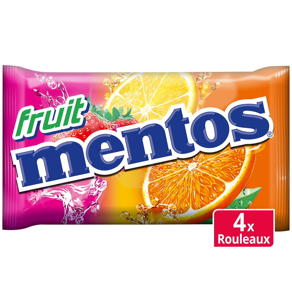 Bonbons tendres dragéifiés goût fruits MENTOS, 4 rouleaux, 152g