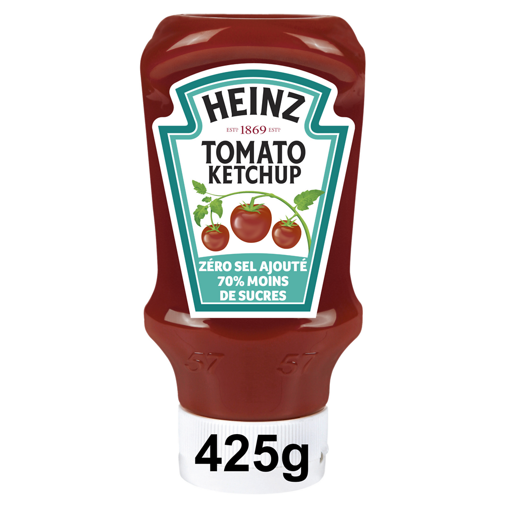 Tomato ketchup sans sucre ajouté HEINZ, flacon souple top down, 425g